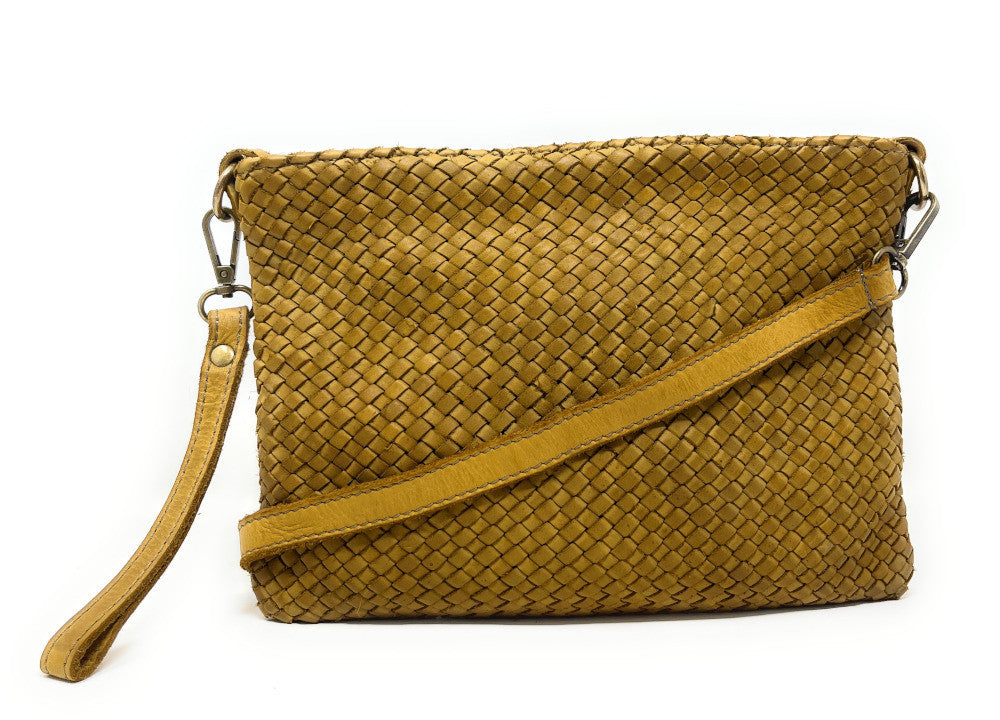 Sac pochette à bandoulière en cuir tressé MISS JOE Jaune Moutarde