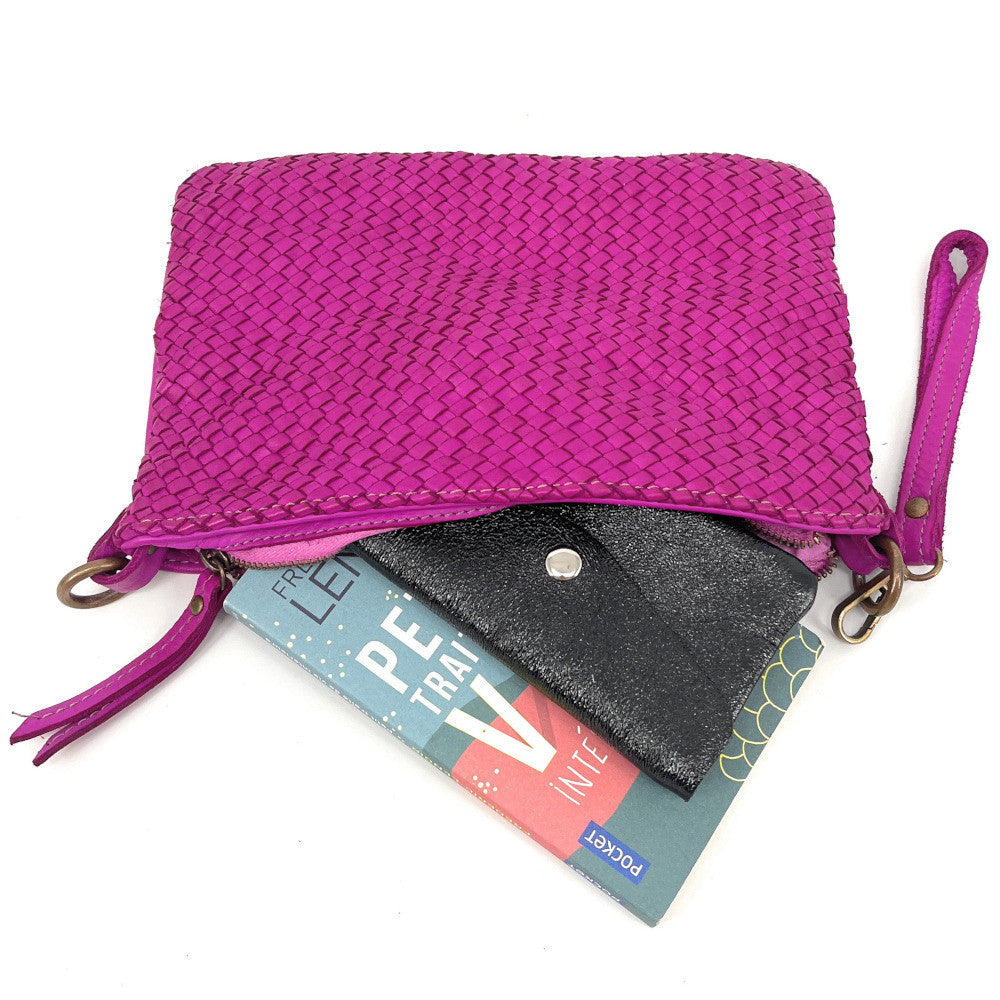 Sac pochette à bandoulière en cuir tressé MISS JOE Rose fuchsia