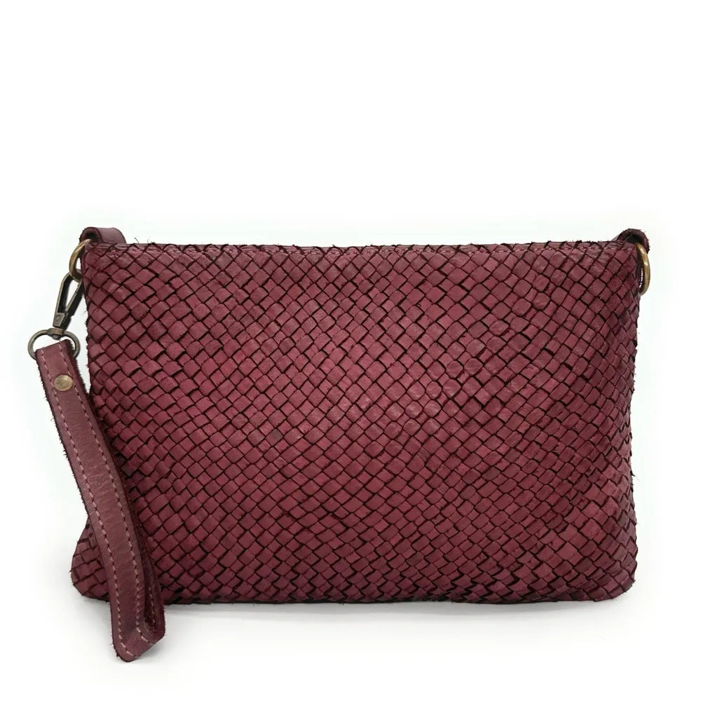 Sac pochette à bandoulière en cuir tressé MISS JOE Bordeaux