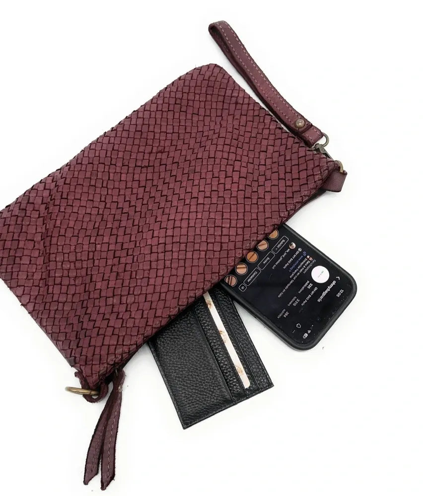 Sac pochette à bandoulière en cuir tressé MISS JOE Bordeaux