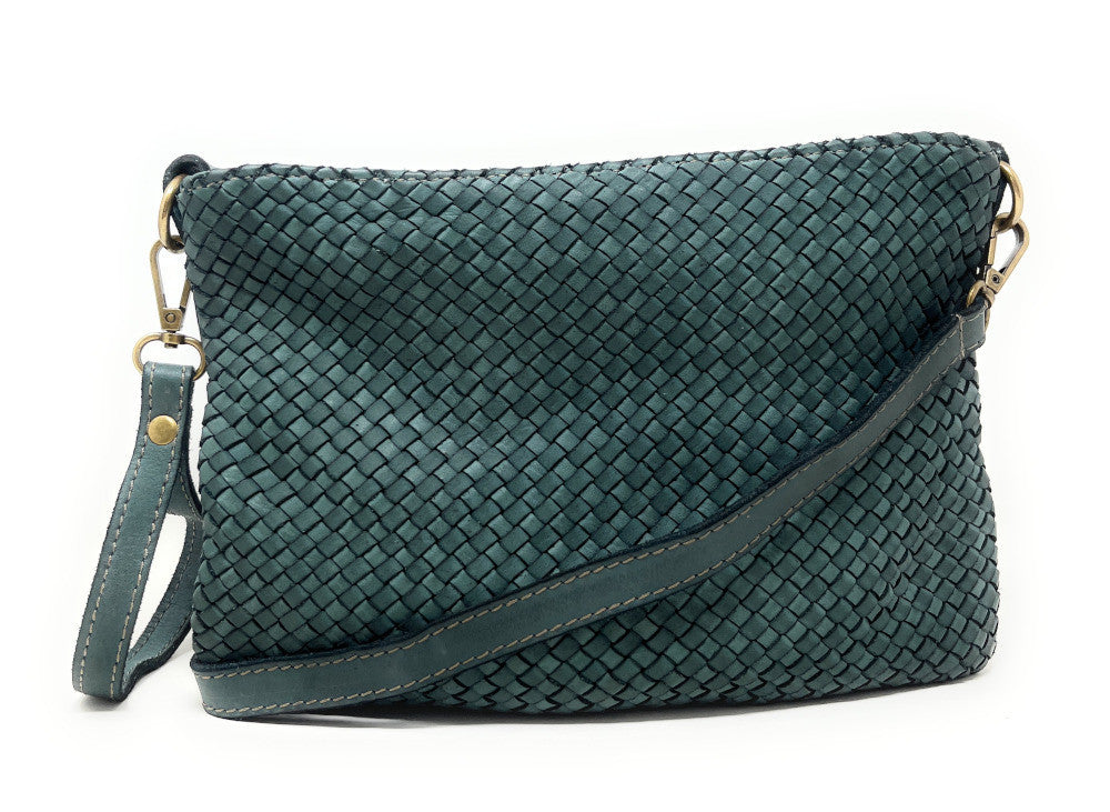Sac pochette à bandoulière en cuir tressé MISS JOE Bleu vert canard