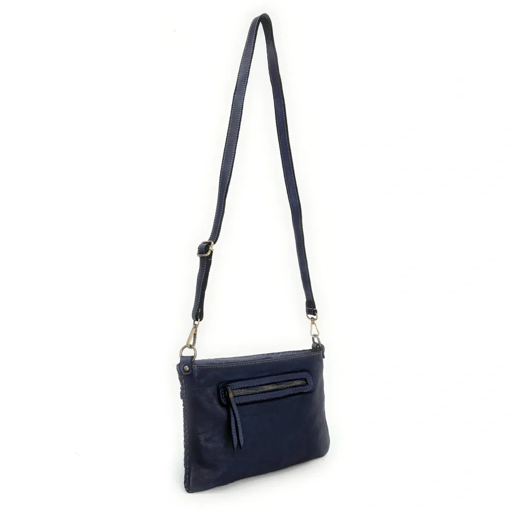Sac pochette à bandoulière en cuir tressé MISS JOE Bleu marine