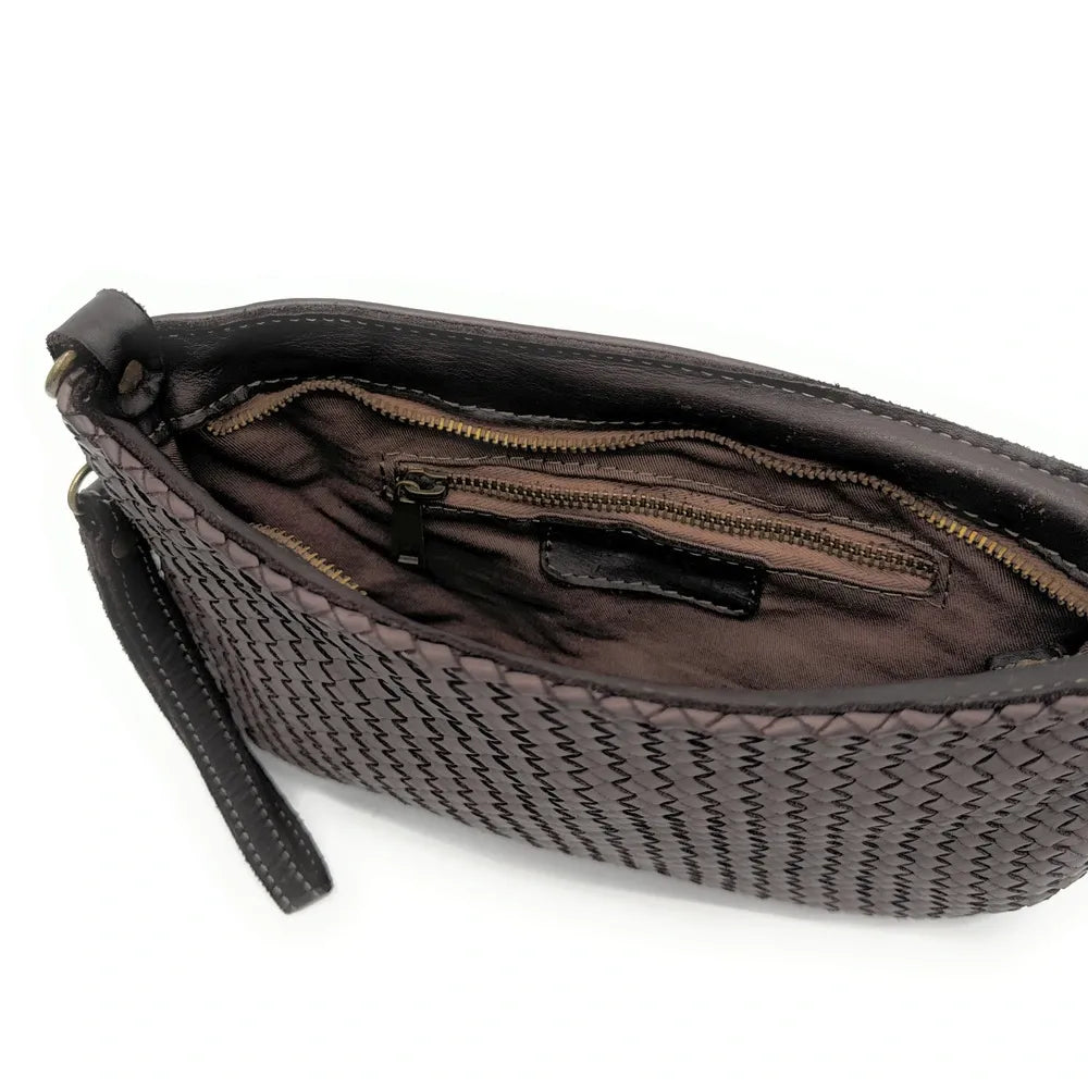 Sac pochette à bandoulière en cuir tressé MISS JOE Chocolat