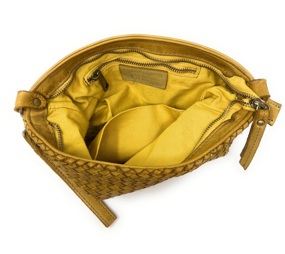 Sac pochette à bandoulière en cuir tressé MISS JOE Jaune Moutarde