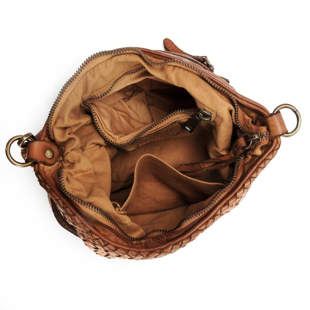 Sac pochette à bandoulière en cuir tressé MISS JOE Cognac