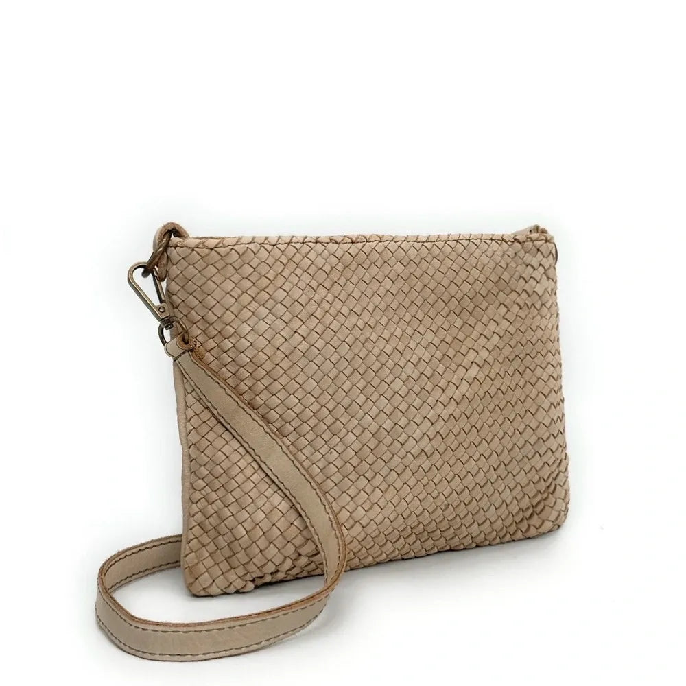Sac pochette à bandoulière en cuir tressé MISS JOE Taupe