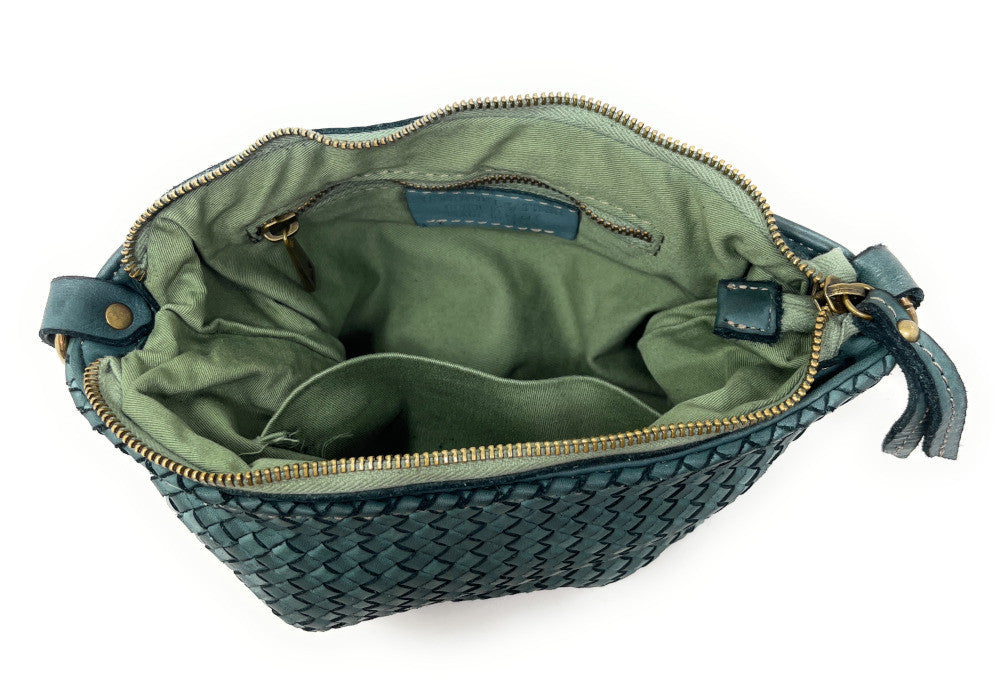 Sac pochette à bandoulière en cuir tressé MISS JOE Bleu vert canard