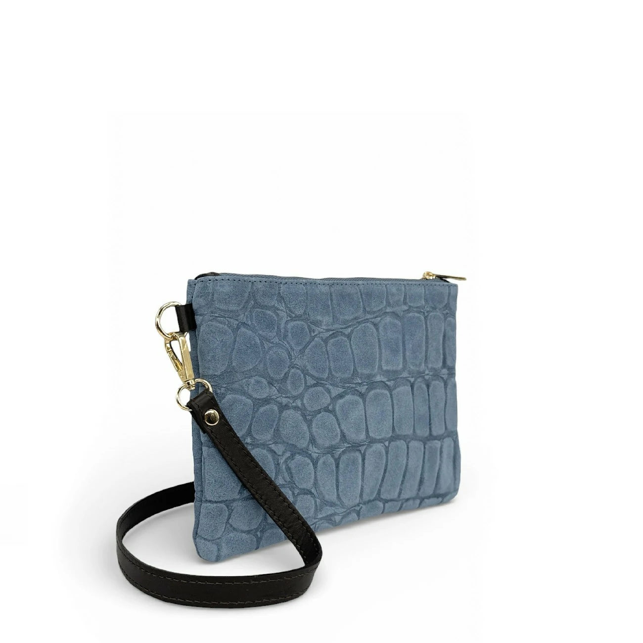 Sac pochette en daim embossé crocodile ZELINE Bleu denim
