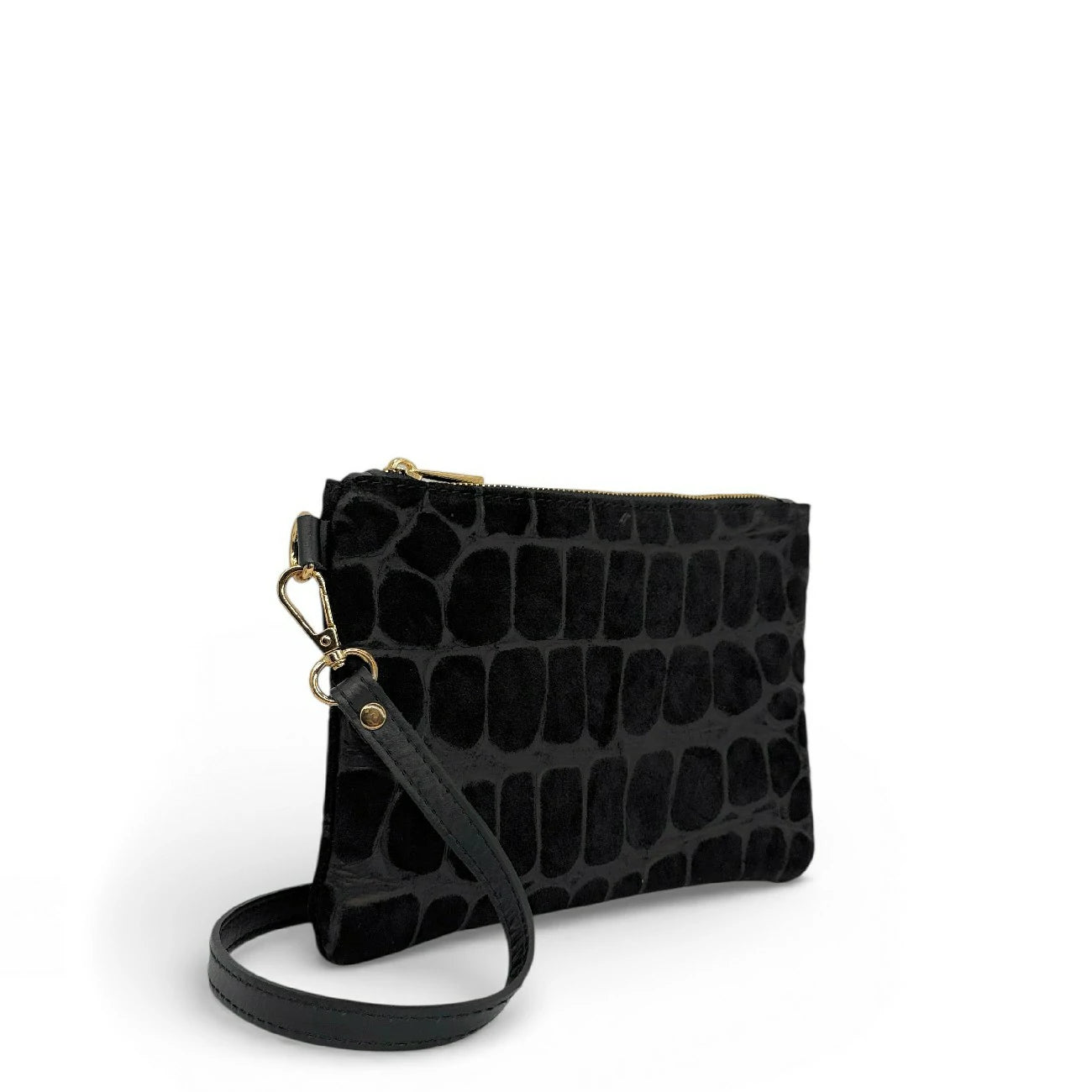 Sac pochette en daim embossé crocodile ZELINE Noir