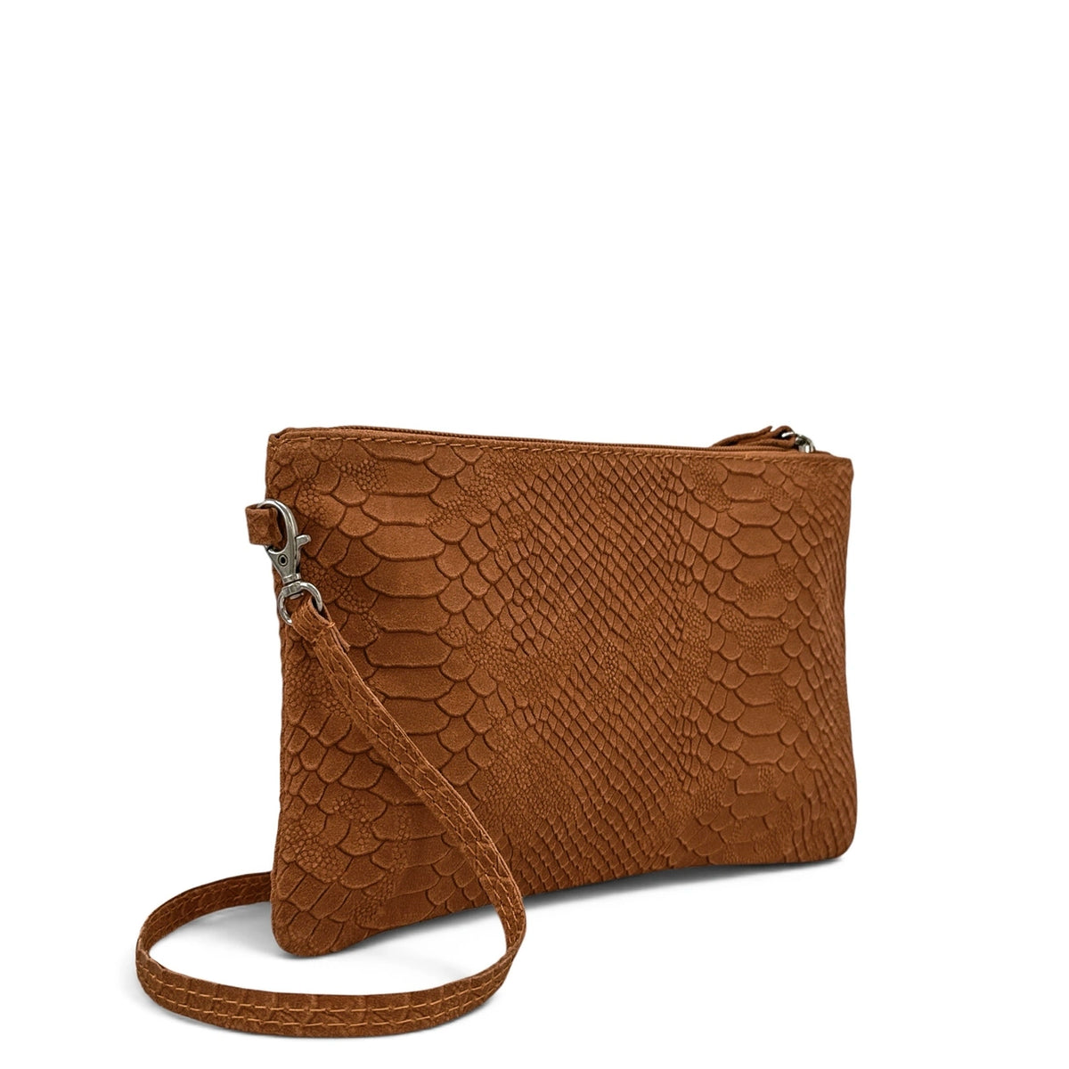 Clutch aus Leder in geprägter Schlangenoptik DUNDEE Zimtbraun