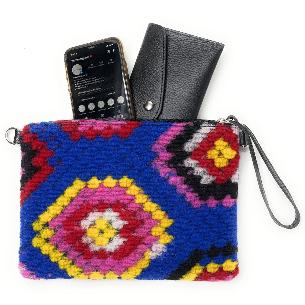 Sac pochette en laine feutrée et cuir TWIGGY Bleu roi