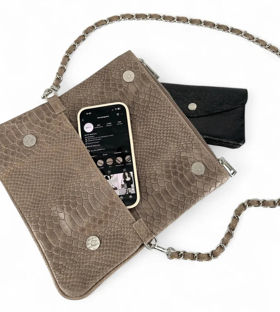 Sac pochette en cuir embossé ROXANE PYTHON Taupe