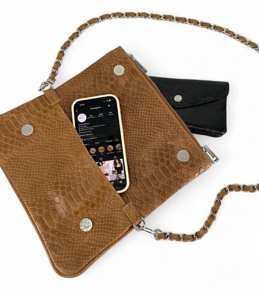 Sac pochette en cuir embossé ROXANE PYTHON Camel