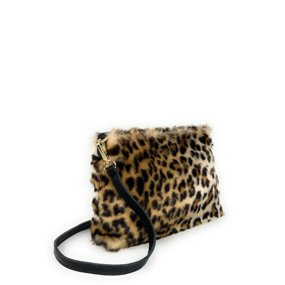 Sac pochette en cuir et fausse fourrure SHURI Léopard