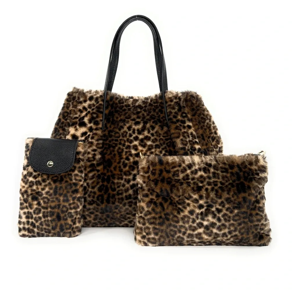 Sac pochette en cuir et fausse fourrure SHURI Ocelot