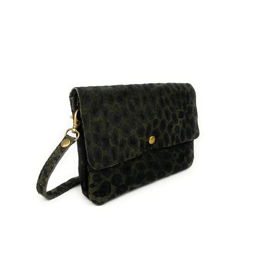 Sac pochette en croûte de cuir à motif MAELIA JUNGLE Léopard kaki
