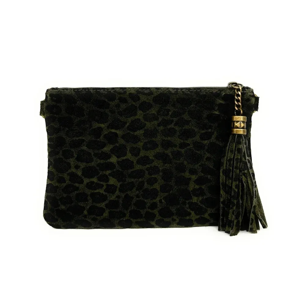 Sac pochette en croûte de cuir à motif MORGANE JUNGLE Léopard kaki