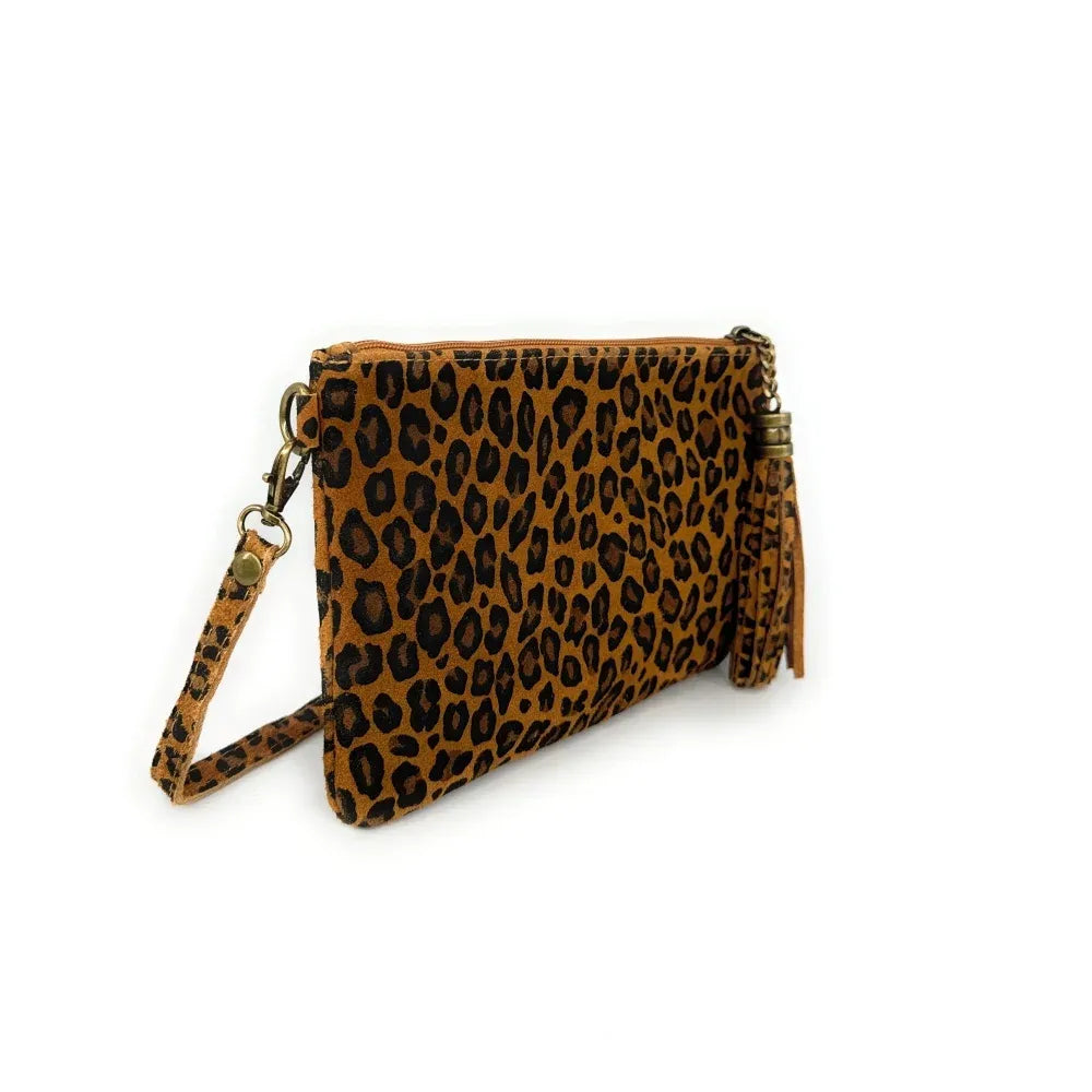 Sac pochette en croûte de cuir à motif MORGANE JUNGLE Léopard camel