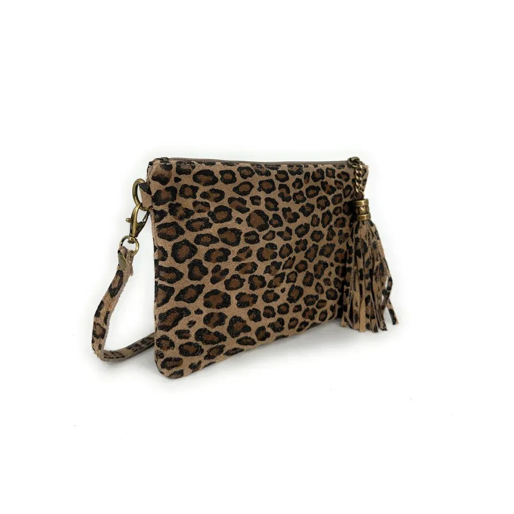 Sac pochette en croûte de cuir à motif MORGANE JUNGLE Léopard taupe foncé