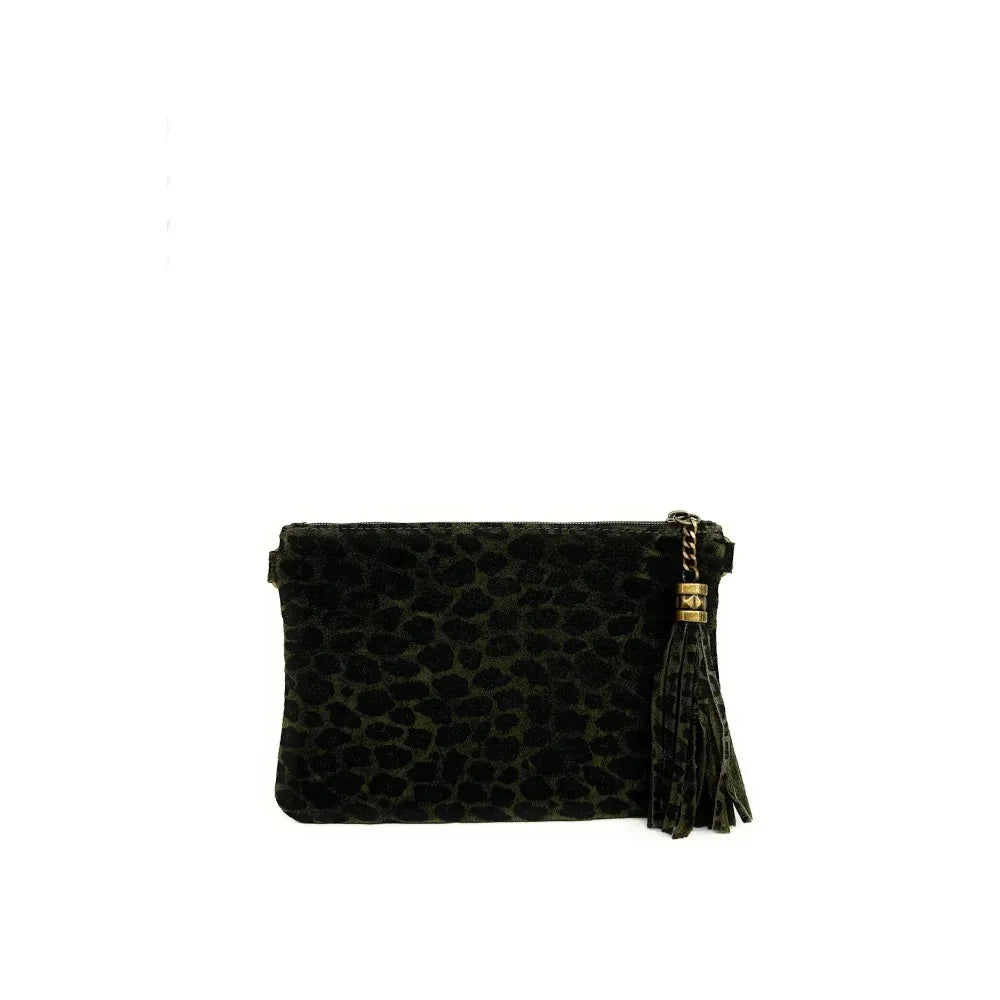 Sac pochette en croûte de cuir à motif MORGANE JUNGLE Léopard kaki