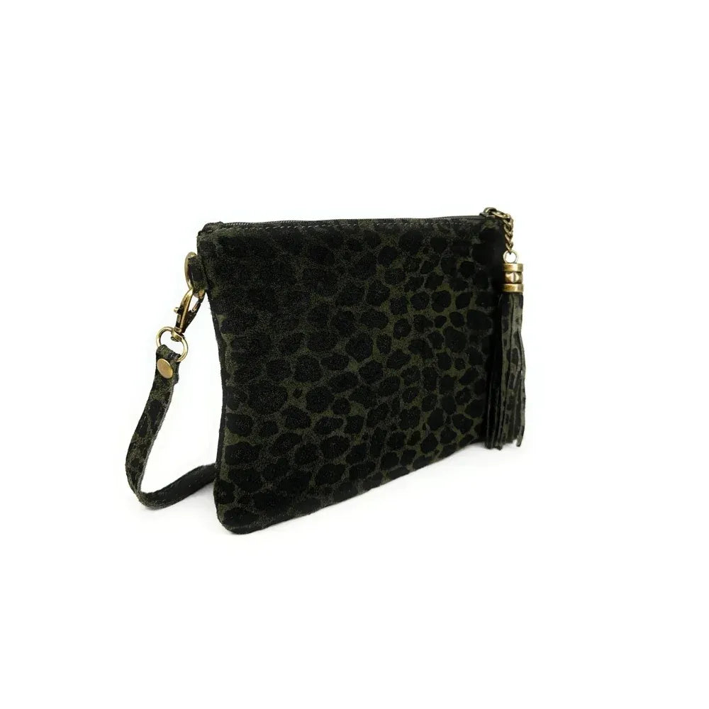 Sac pochette en croûte de cuir à motif MORGANE JUNGLE Léopard kaki