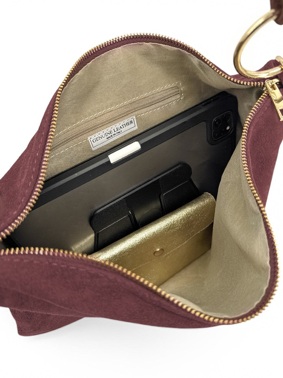 Hobo-Clutch-Tasche aus Wildleder SOA Bordeauxrot
