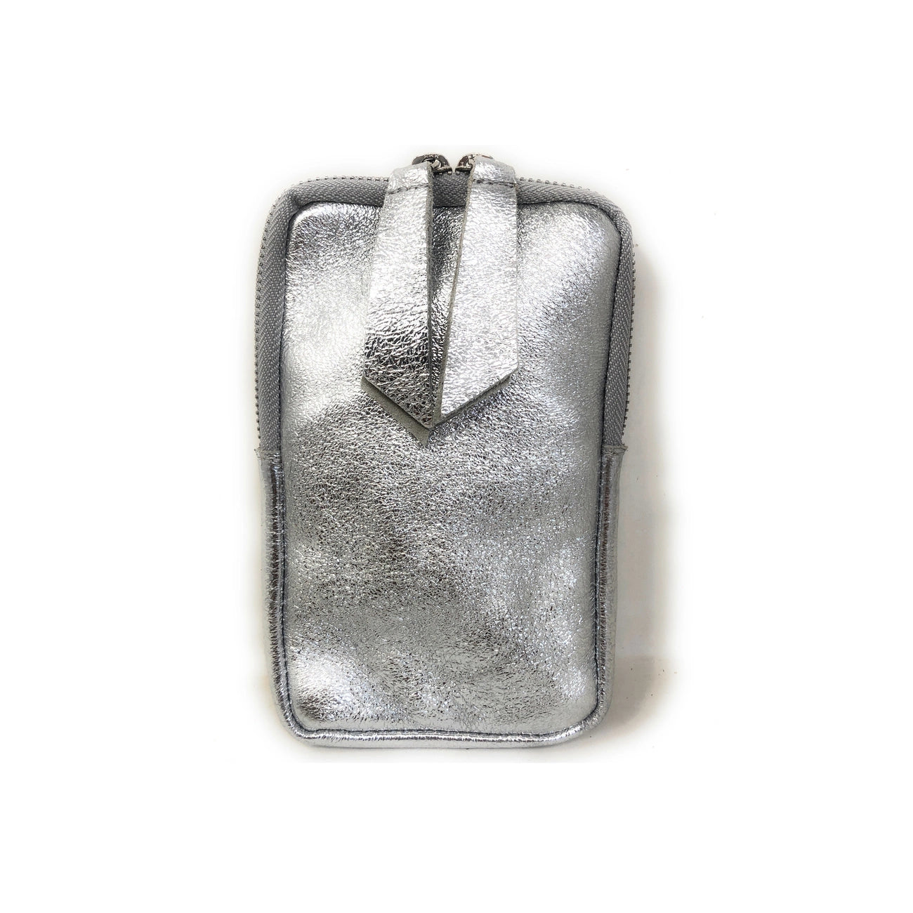 Pochette téléphone bandoulière en cuir irisé LOUVRE Argent clair