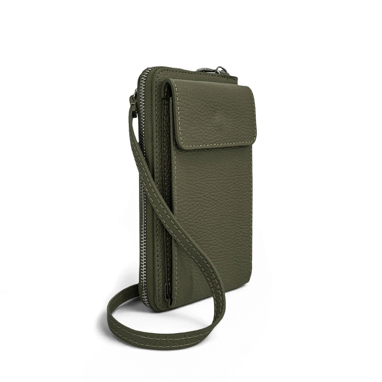 Minibolso pochette de piel granulada STREET – Verde caqui