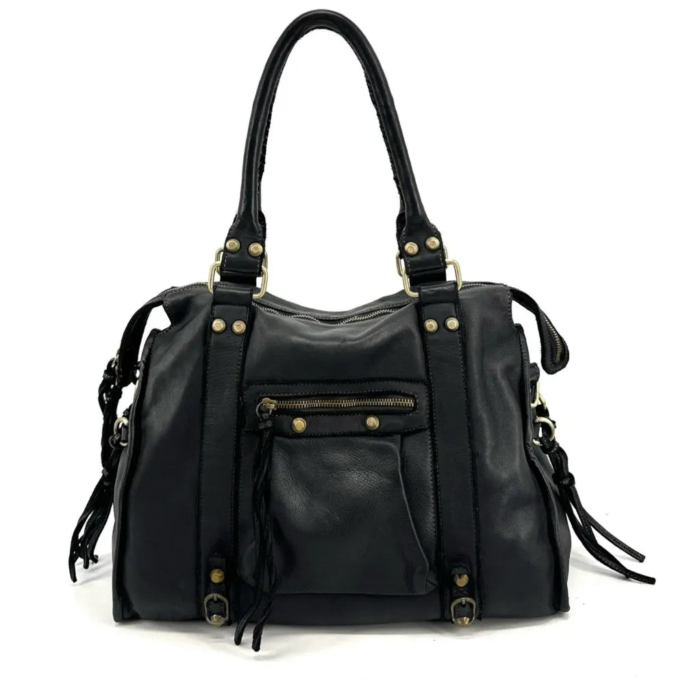 Grand sac en cuir à tannage végétal STORM XL HURRICAN Noir Noir