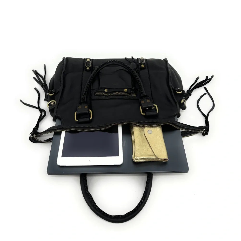 Grand sac en cuir à tannage végétal STORM XL HURRICAN Noir Noir