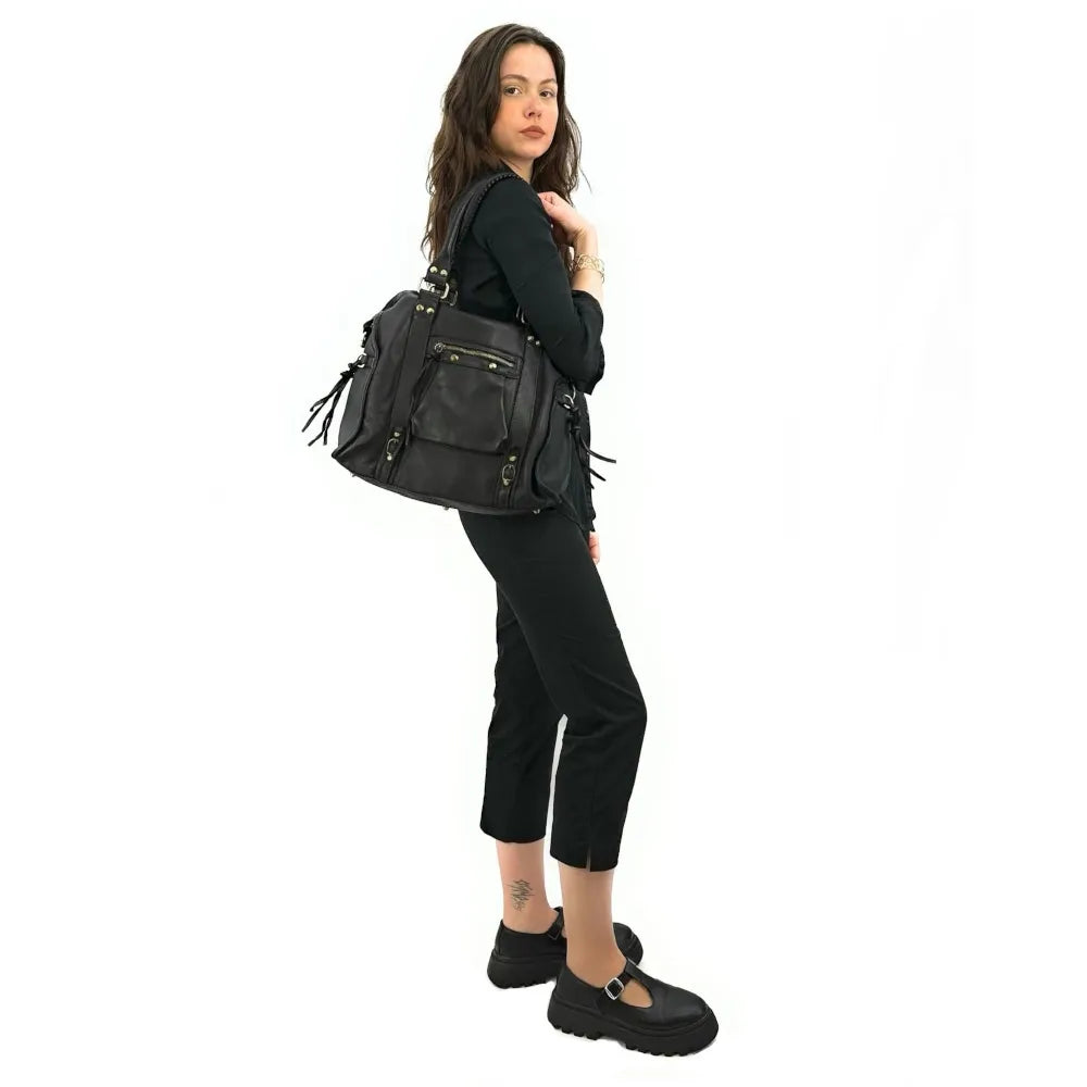 Grand sac en cuir à tannage végétal STORM XL HURRICAN Noir Noir