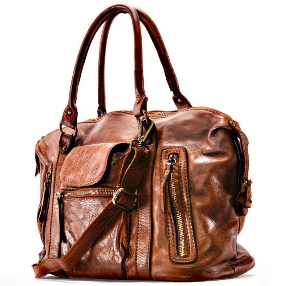 Sac porté épaule en cuir vintage MISS MY Cognac foncé