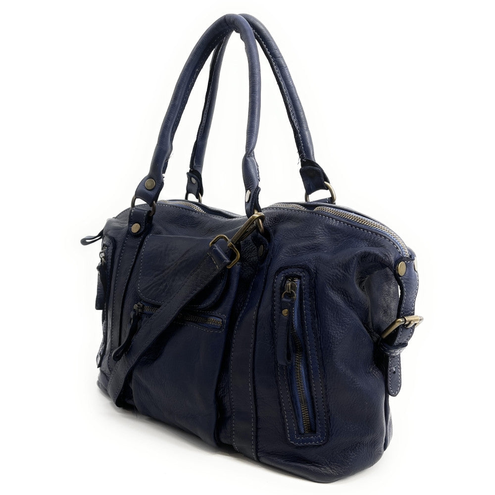 Sac porté épaule en cuir vintage MISS MY Bleu marine