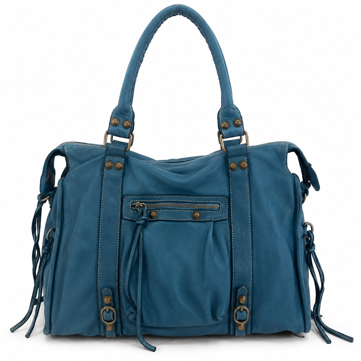 Grand sac porté épaule en cuir vintage STORM XL HURRICAN Bleu vert canard