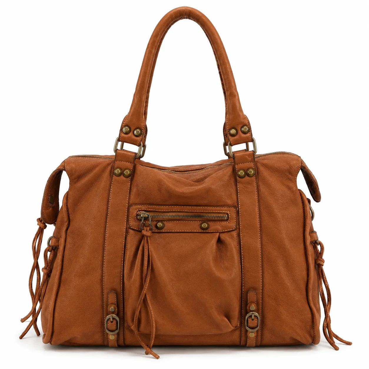 Grand sac porté épaule en cuir vintage STORM XL HURRICAN Camel