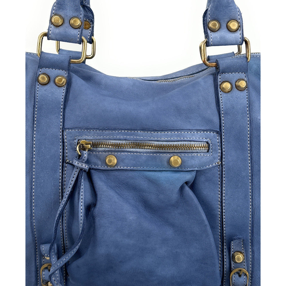Grand sac porté épaule en cuir vintage STORM XL HURRICAN Bleu denim