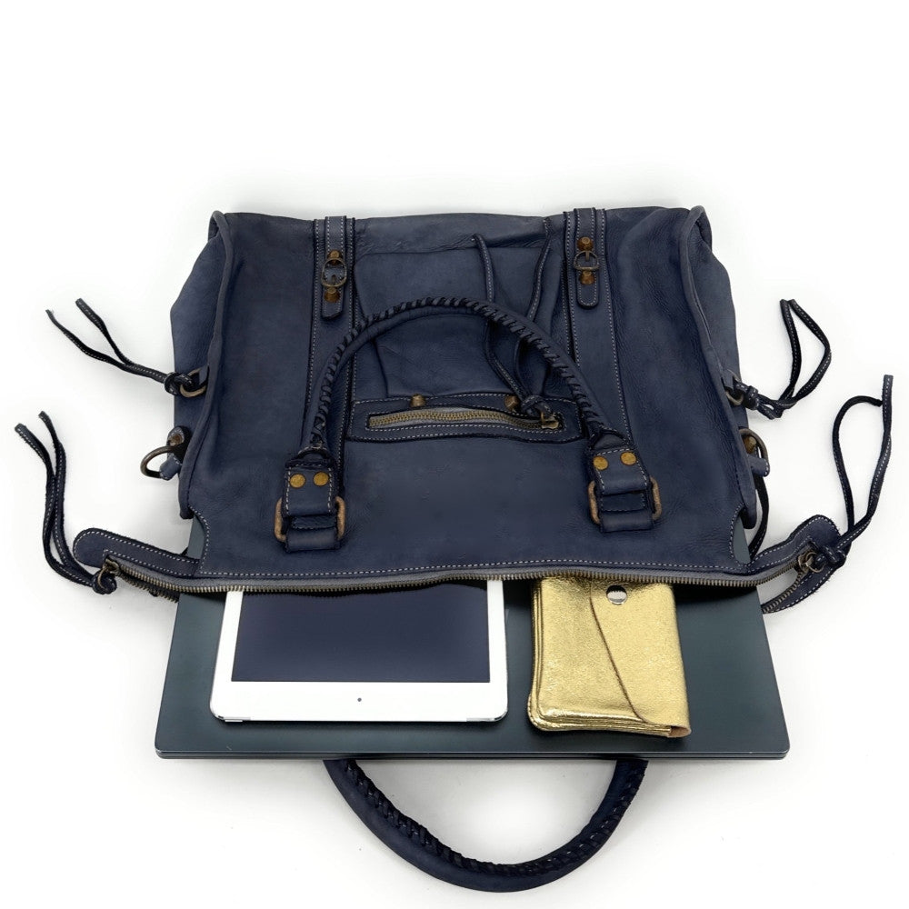Grand sac porté épaule en cuir vintage STORM XL HURRICAN Bleu marine