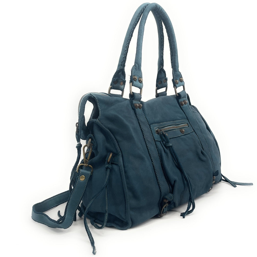 Grand sac porté épaule en cuir vintage STORM XL HURRICAN Bleu vert canard