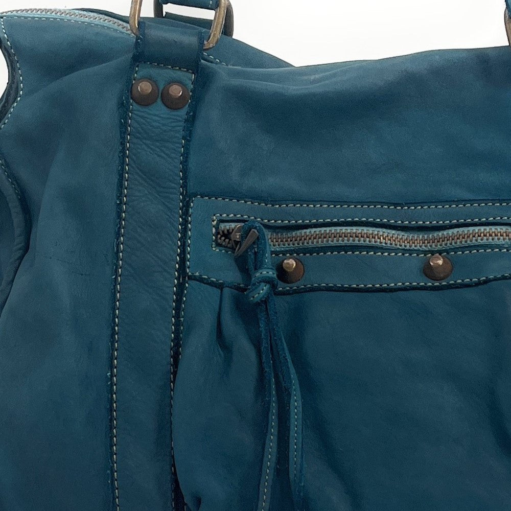 Grand sac porté épaule en cuir vintage STORM XL HURRICAN Bleu vert canard