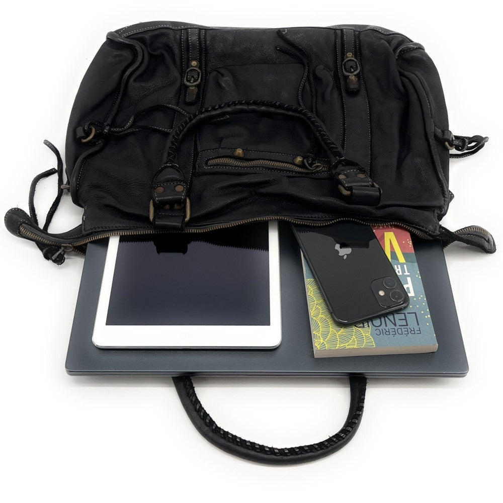 Grand sac porté épaule en cuir vintage STORM XL HURRICAN Noir