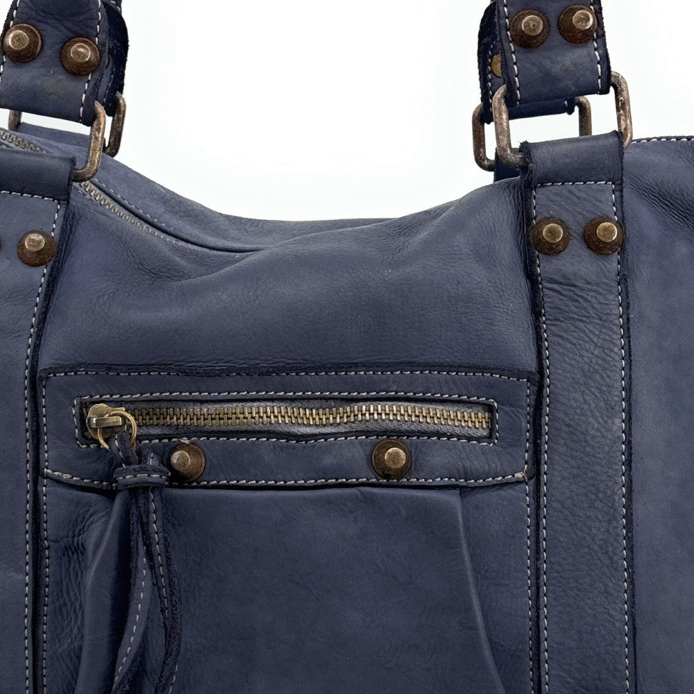 Grand sac porté épaule en cuir vintage STORM XL HURRICAN Bleu marine