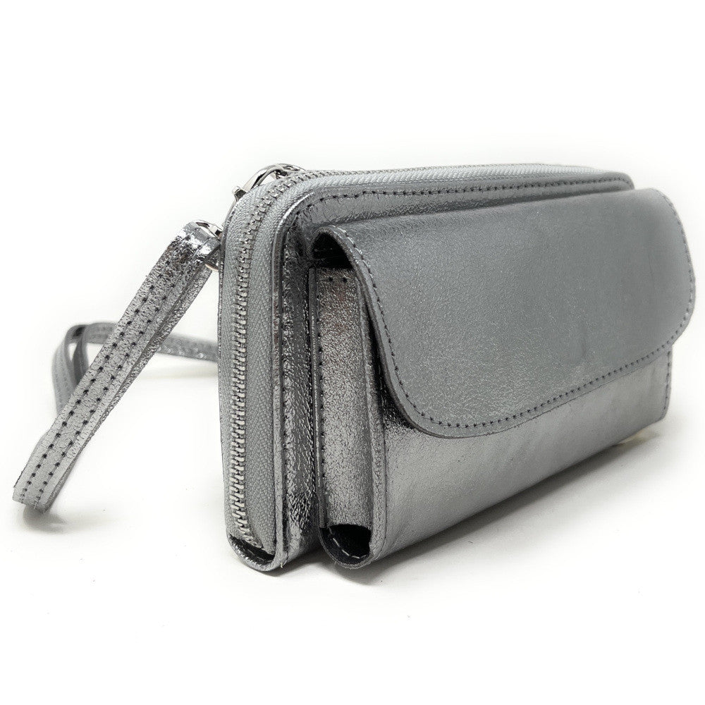 Sac portefeuille à bandoulière en cuir grainé CITY Argent moyen