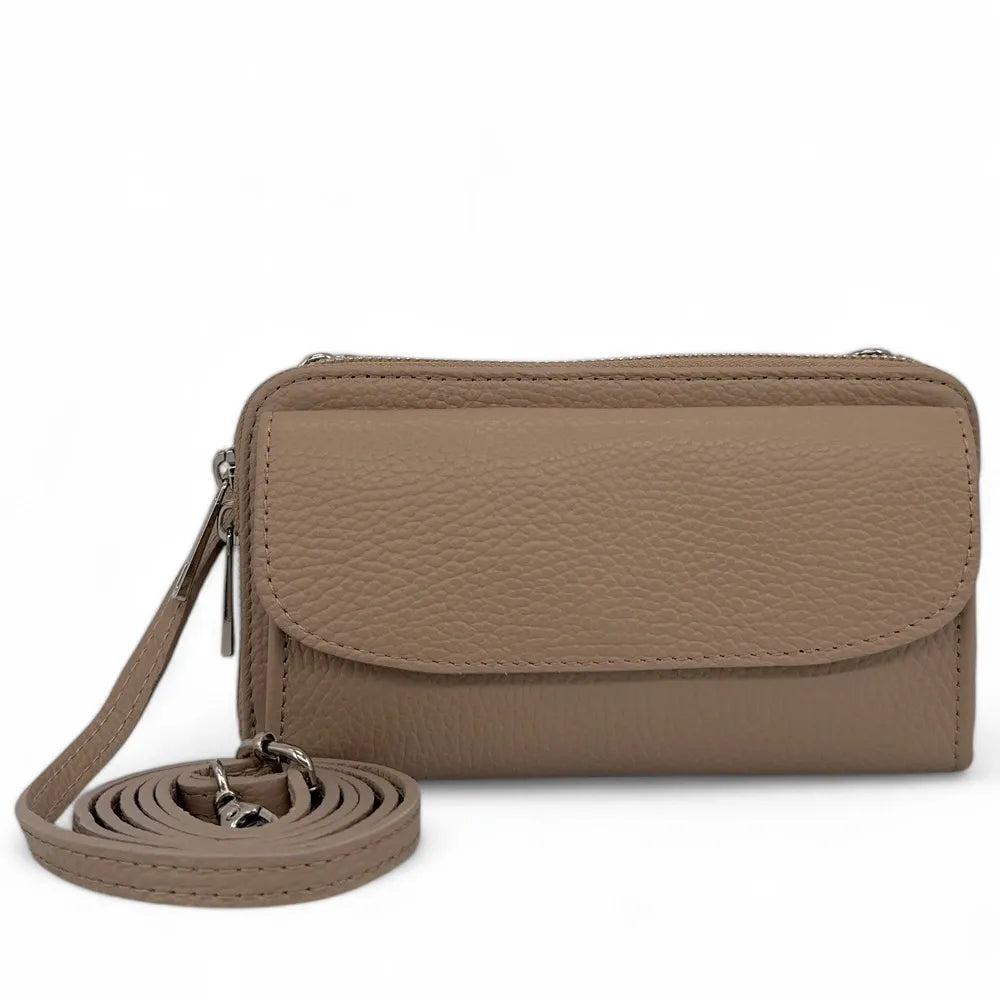 Sac portefeuille à bandoulière en cuir grainé CITY Taupe