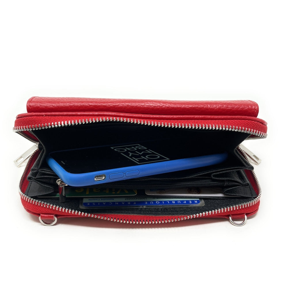 Sac portefeuille à bandoulière en cuir grainé CITY Rouge fraise