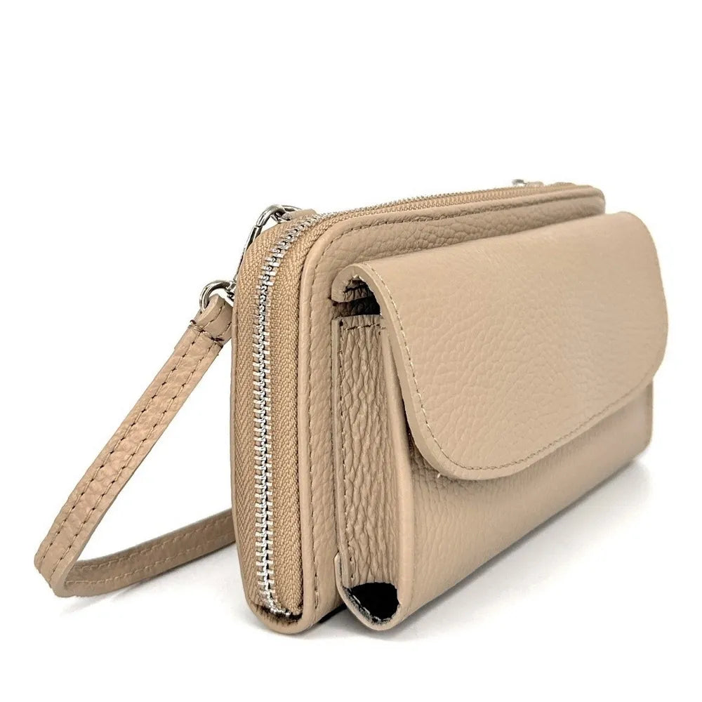 Sac portefeuille à bandoulière en cuir grainé CITY Taupe clair
