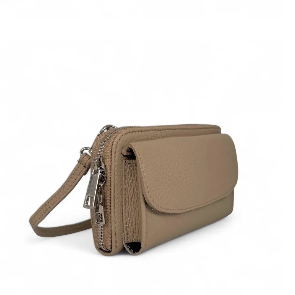 Sac portefeuille à bandoulière en cuir grainé CITY Taupe