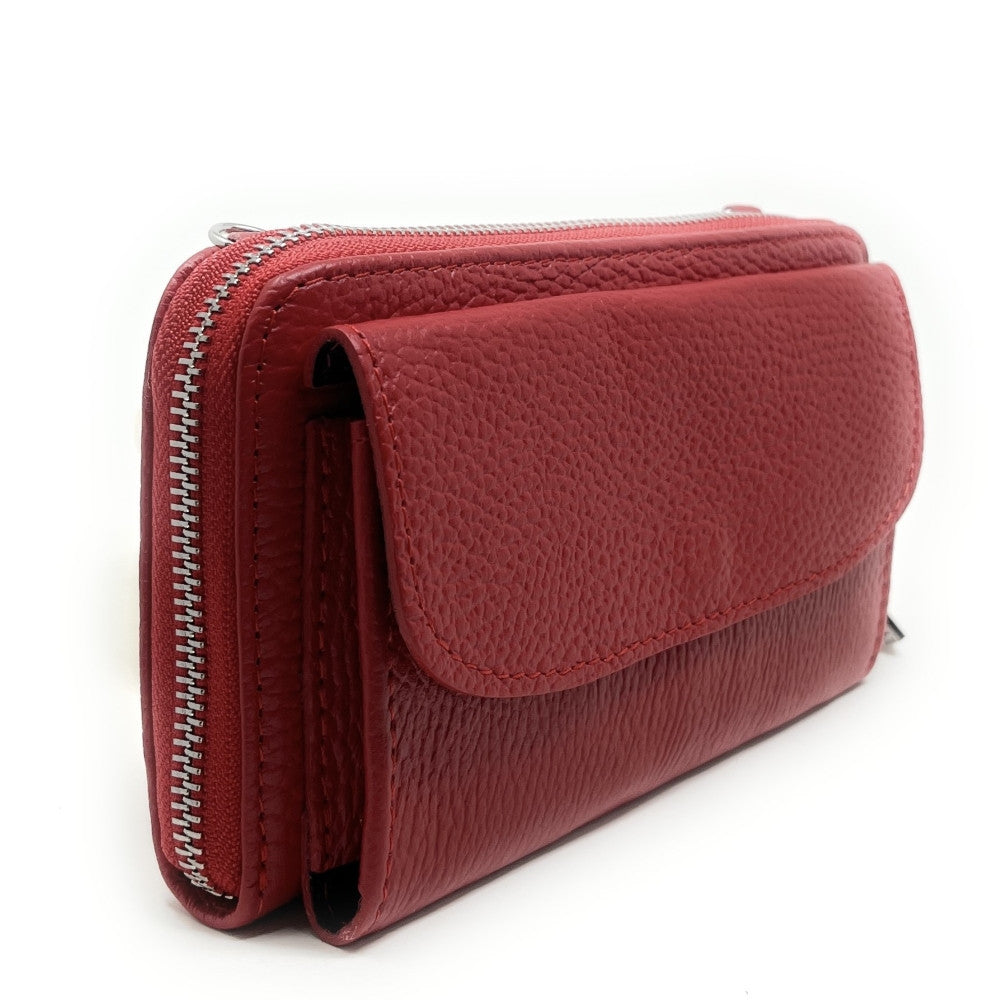 Sac portefeuille à bandoulière en cuir grainé CITY Rouge fraise