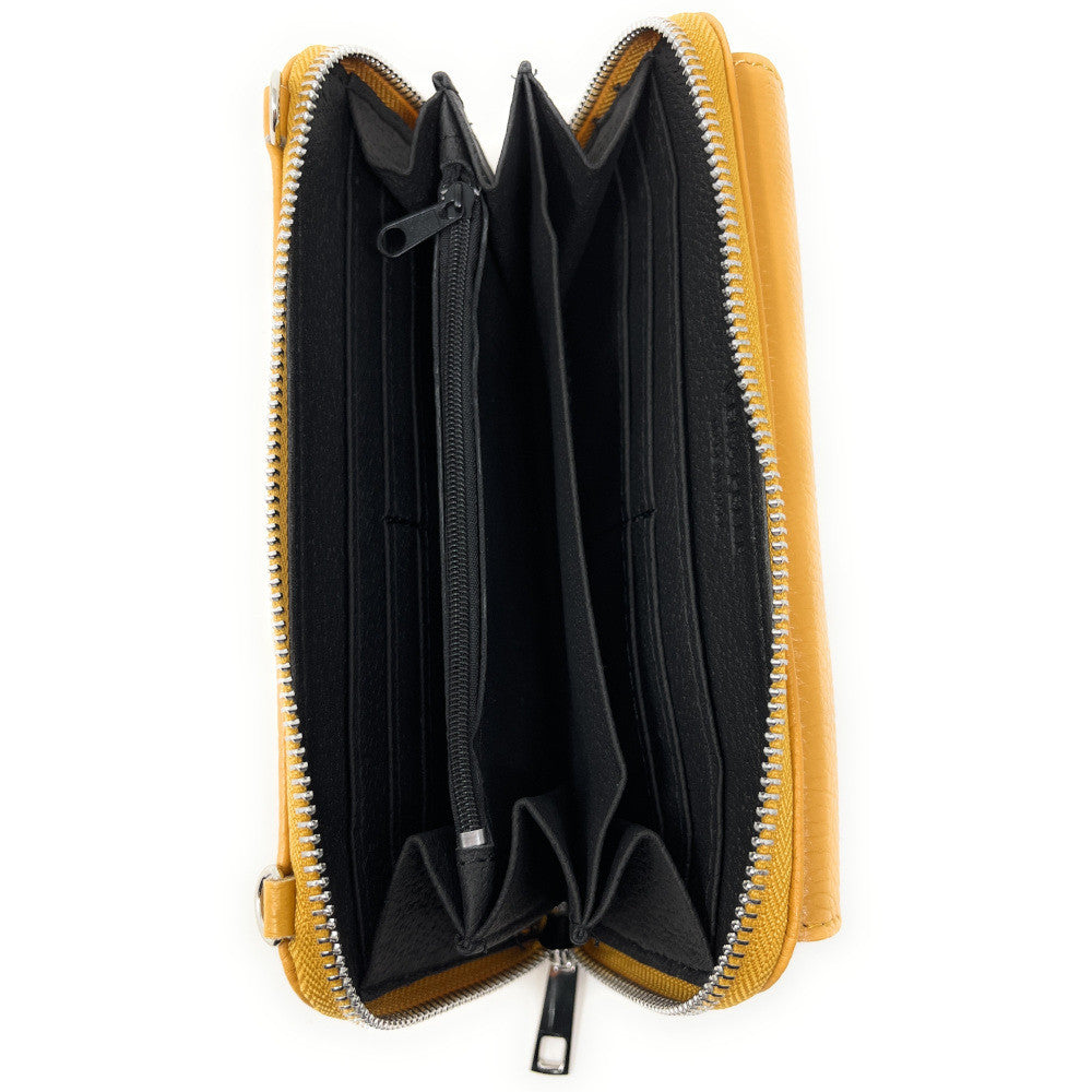 Sac portefeuille à bandoulière en cuir grainé CITY Jaune Moutarde