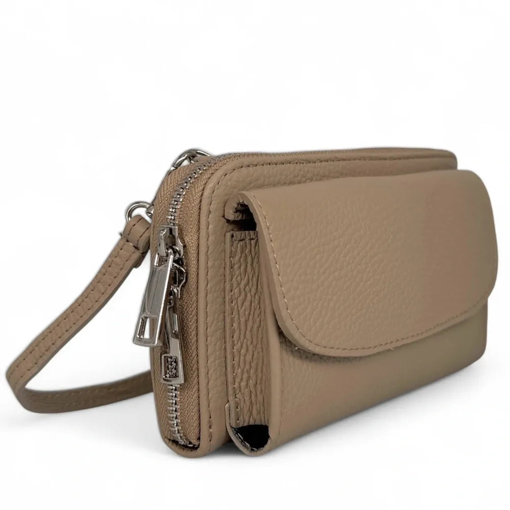 Sac portefeuille à bandoulière en cuir grainé CITY Taupe