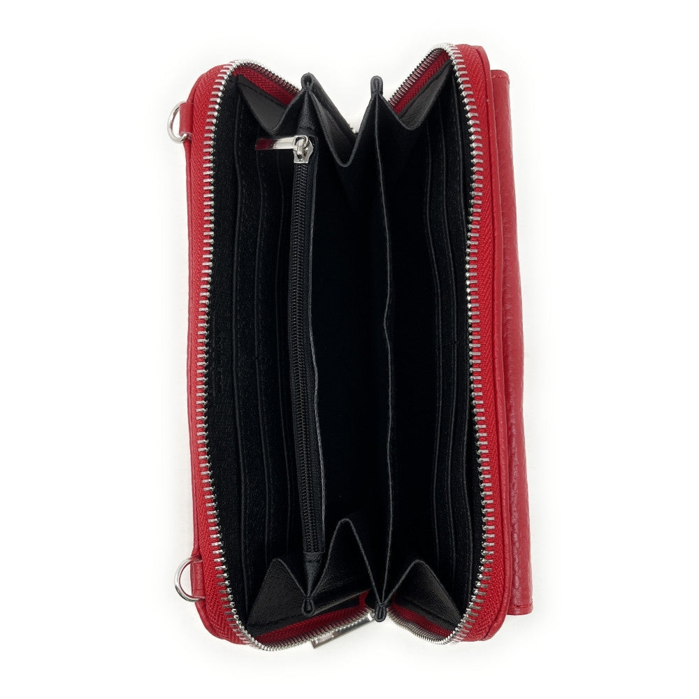 Sac portefeuille à bandoulière en cuir grainé CITY Rouge fraise